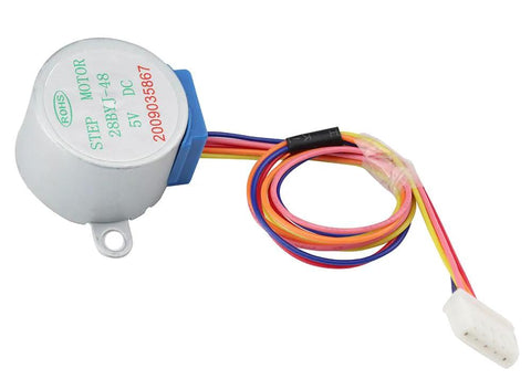 28BYJ-48 5V stepper motor with round silver housing, blue mounting lug and multicolor wire harness