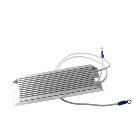 Power resistor side view; silver aluminum finned housing with ring-terminal leads (100W)