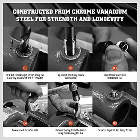 Steps for using 50 Piece M10-24 x 1.5D Thread Repair Insert Kit For Aluminum And Lightweight Metals Helical Style Thread Inserts Installation Kit Easy Install For Restoring Stripped Threads And Rebuilding Strength.