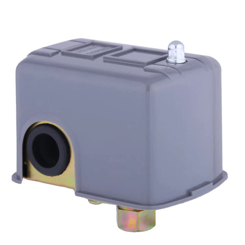 Pumptrol 30–50 psi pressure switch for well pump, gray plastic housing with brass mounting bracket