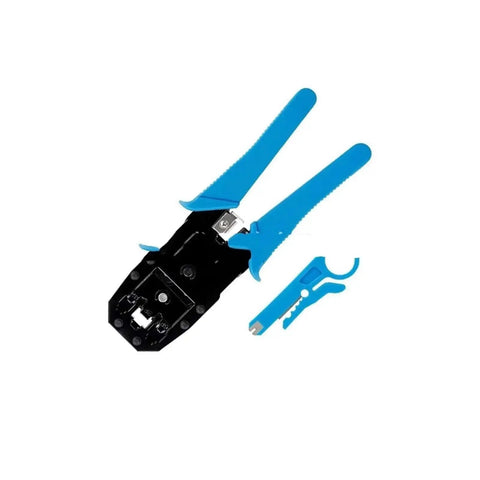 Pro Grade Network Tool Kit for Cat Five Cable Installation and Maintenance with blue crimping tool and cable stripper