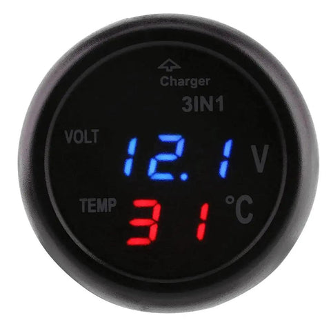 Front view of 3 In 1 Car Voltmeter With Dual LED Display USB Charger And Temperature Monitor showing voltage and temperature readings.