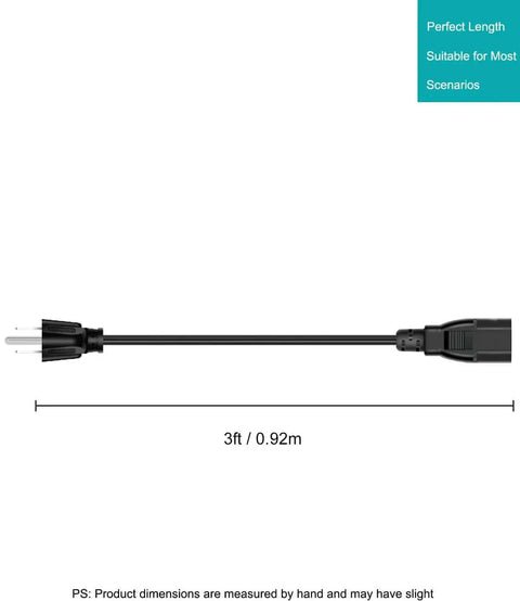 Ender CR Sermoon Series 3D Printer Power Cord 18AWG 3 Prong AC Cable Universal Replacement 3 Feet Long, side view.