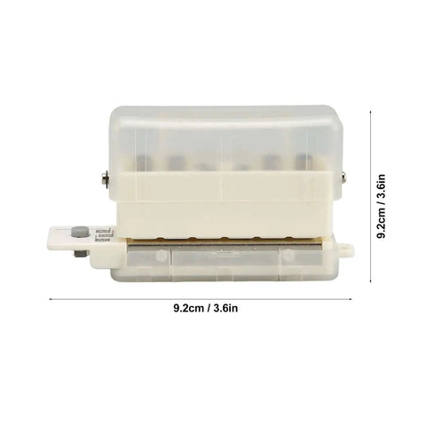 Side view of Heavy Duty Do It All 6 Hole Paper Puncher Portable Adjustable Metal Hole Punch with transparent body and dimensions