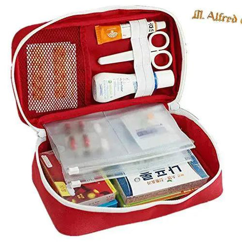 Open Go-To First Aid Bag For Home And Outdoor Adventures, Lightweight Red Medical Kit Organizer showing empty portable pouch.