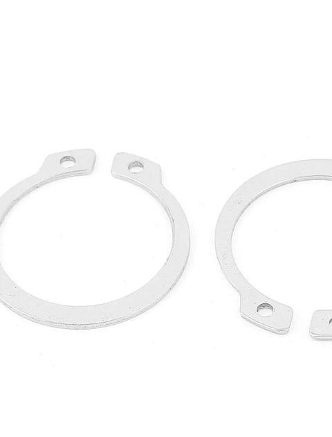 External Circlip Retaining Ring Set 30mm Outer Dia 34mm Inner Dia 28mm 1.2mm Thick 304 Stainless Steel Silver Tone 10 Pcs Great Spare Part For Machinery And DIY Projects Uxcell, showing two silver rings with small holes, front view.