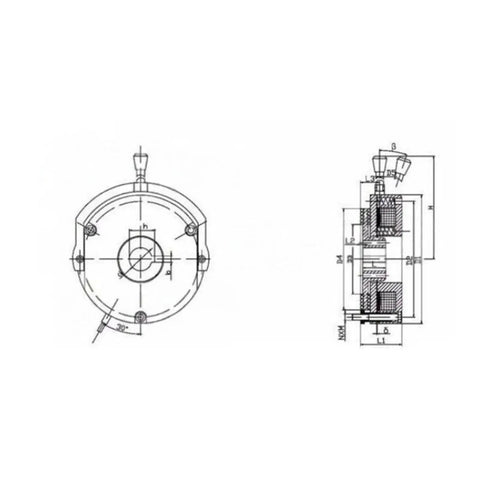 BLTZ1 series DC24V electromagnetic holding brake, front and sectional views of circular housing with mounting holes