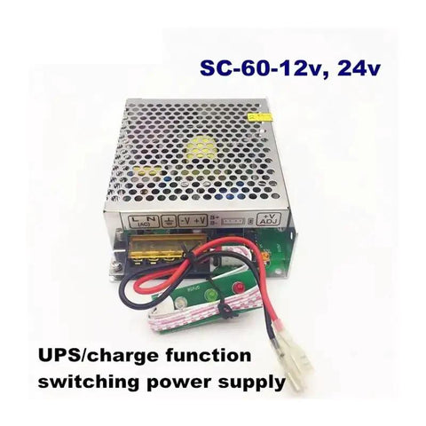 Switching-Mode Power Supply 60W With UPS And Charge Function Converts AC 110/220V To DC 12V/24V, metal casing, wires visible