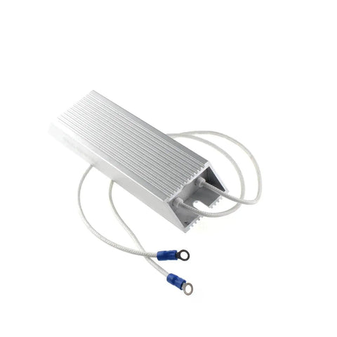 RXLG 100W50R aluminum-cased fixed resistor with white leads and ring terminals