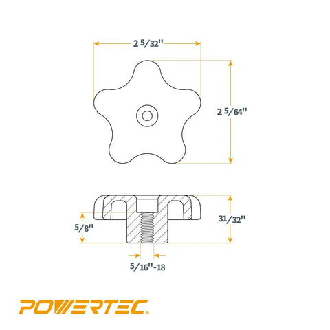 Technical drawing of Five Pack Threaded Clamping Knobs For T Track And Table Saw Accessories, 5/16-18 threaded, ergonomic design.
