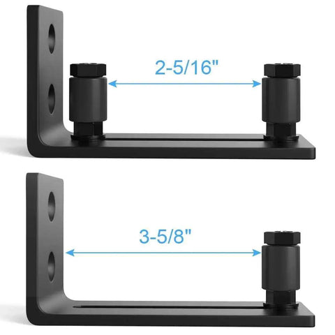 Black Floor Guide And Bottom Wall Guide Set For Barn Doors With Flush Design Flat Bottom Stay Roller Two Pack Heavy Duty Cast Iron Rust Resistant Powder Coat 5 Mm Thick 4.72 In Length 5.26 In Height 2.05 In Wide showing different size measurements