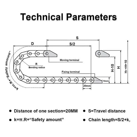 Technical parameters diagram for Beefy Black Nylon PA66 Cable Drag Chain 10x15mm Inner Height By Width, 1 Meter Length