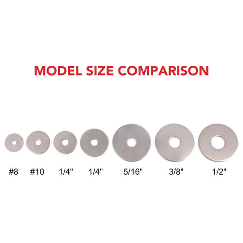 Stainless steel flat washers model size comparison in sizes #8, #10, 1/4in, 1/4in, 5/16in, 3/8in, and 1/2in