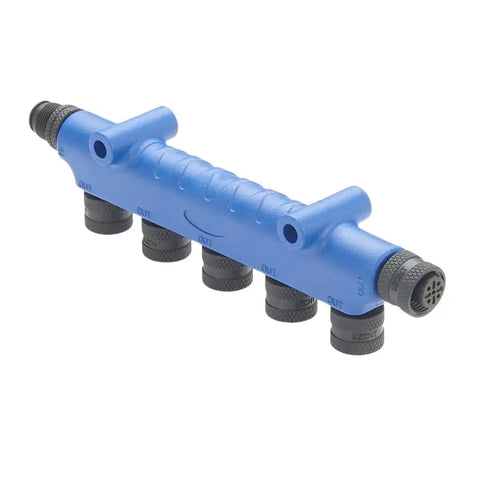 Blue NMEA2000 5 Port Tee Connector Backbone Tee Splitter M12 5 Pin Male To Female Micro Change Junction Box, waterproof durable plastic.