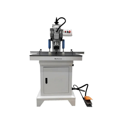 Front view of 110V Pneumatic Hinge Drilling Machine For Doors And Cabinets Single Head Hinge Boring Drill Press With Large Workbench Accurate Scale And Positioning Stop 2880 RPM Speed A Durable Workhorse For Cabinetry And Furniture Making