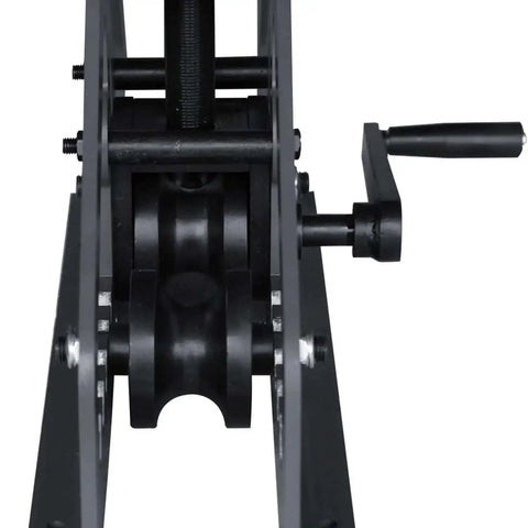 Close-up of Three Roll Tube Roller Bender For 1.5 Inch Pipe And 2 Inch Tube With 20 Inch And 60 Inch Radii, handle mechanism