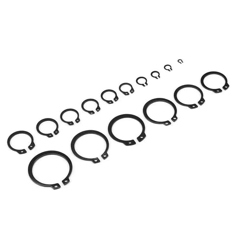 Pro Grade Circlip Kit 3mm to 32mm, 150Pcs External Snap Rings Set in 18 Sizes, arranged on white background