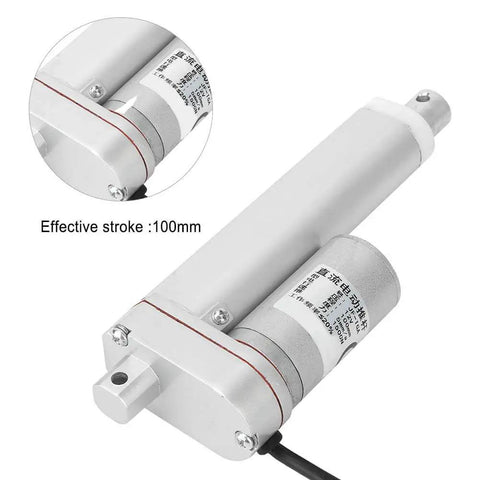Close-up of 100mm Stroke DC 12V Electric Linear Actuator showing motor details and effective stroke measurement