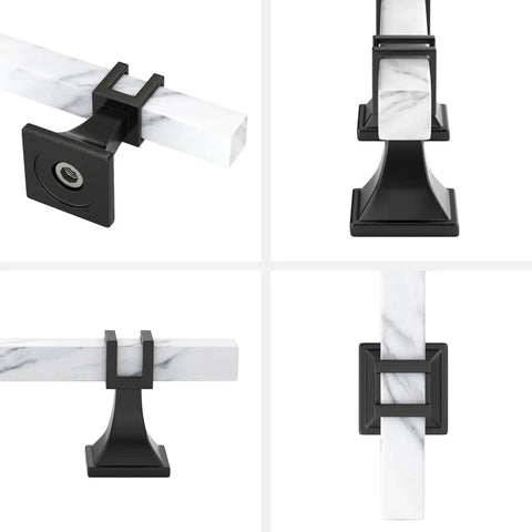 Close-up views of 10 Pack 3 Inch Marble Cabinet Pulls With White Marble Grain Finish, black metal base; modern kitchen hardware detail.
