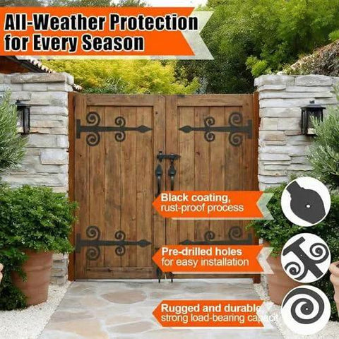 Wooden gate with Two Pack 16 Inch Black Wrought Iron Gate Hinges Decorative Hardware Heavy Duty Rust Resistant Dummy Strap Fence Hinges.