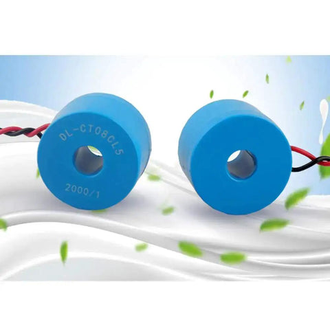 Two Piece Set DL CT08 CL5 20A 10mA Current Transformer 2000 1 0 to 120A Micro CT Sensor for energy meters, blue circular design.