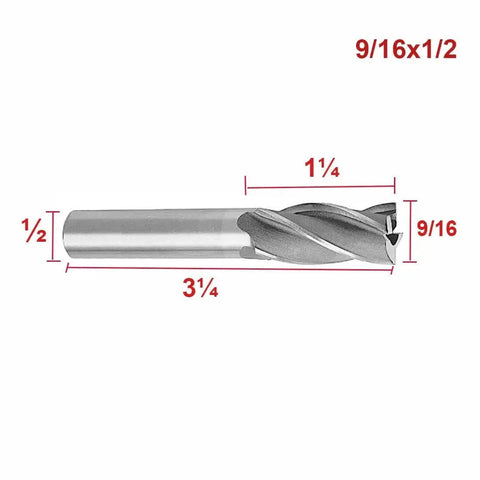 Milling Cutter Set HSS Square Nose End Mills With Straight Shank Four Flute Five Piece Kit Including Diameters 9/16 Inch