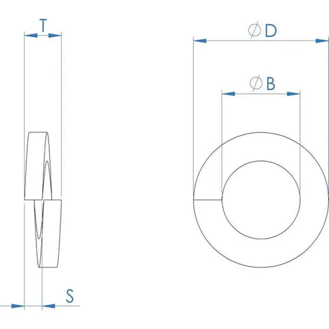 FullerKreg 1/4 in medium split lock washer, 18-8 stainless steel, technical drawing