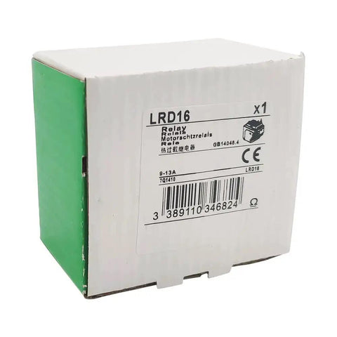LRD16 Thermal Overload Relay packaging showing product label for LC1D12 through LC1D38 contactors, 9-13 Amp protection, IEC 60947-4-1.