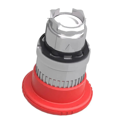 Harmony XB4 Emergency Stop Push Button Head Red Mushroom 40mm with Latching Turn to Release shown with 22mm mounting bezel.