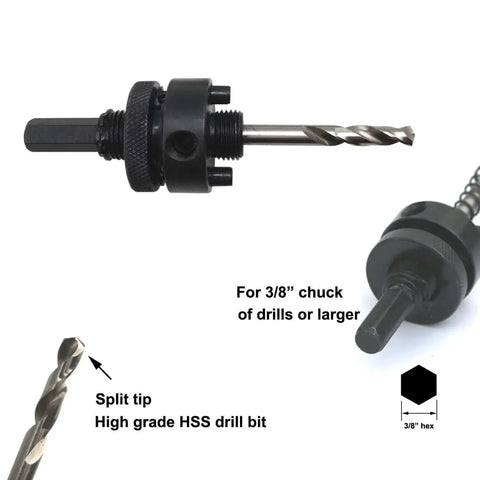 Bi Metal 6 Inch Hole Saw With Three Eighth Inch Hex Shank Arbor for cutting various materials, shown with split tip HSS drill bit