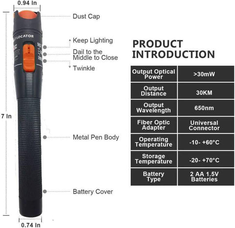 Fiber optic visual fault locator pen, black with orange trigger, dust cap, 7 in length, metal body