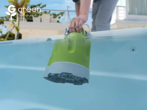 Green Expert 1/4HP submersible sump pump with 25-ft cord, green body and gray base for pool drainage.