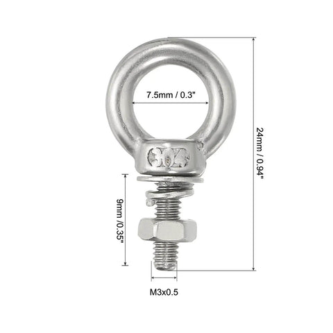 Heavy Duty Stainless Steel Eye Bolts Set, M3x9 Threaded Eye Bolts 1/8 x 7/20 Inches, Shoulder Ring With Nuts And Washers shown