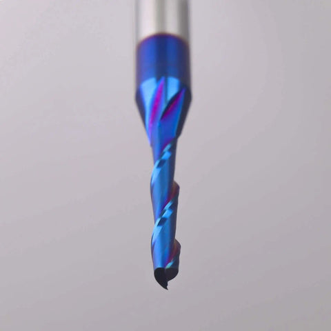 Solid Carbide Spiral Upcut Router Bits Set Two Pieces One Quarter Inch Shank One Eighth Inch Cutting Diameter Two And A Half Inch Total Length Nano Blue Coating Workhorse For Carving Standard Milling Finishing And Boring close-up view