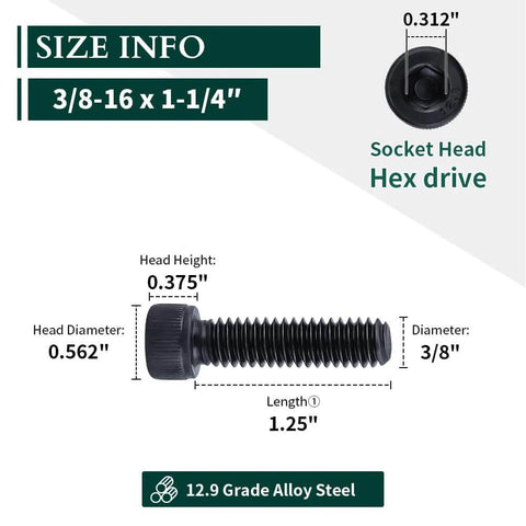 3/8-16 Inch Socket Head Cap Screws Bolts 1-1/4 Inch Long Full Thread 12.9 Grade Alloy Steel Black Oxide Finish Allen Hex Drive 5/16 Inch Heavy Duty Tough As Nails Hardware Pack 10 showing size and dimensions