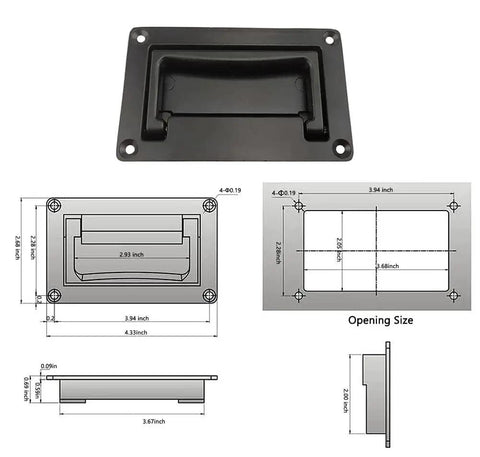 Diagram and dimensions of 2 Pack Zinc Alloy Recessed Pull Handles For Cabinets And Containers, Black Finish, Flush Lift Door Handle, 4.37 Inch
