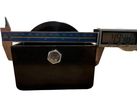 Caliper measuring Beefy 4 Inch Cast Iron V Groove Wheel With Weldable Heavy Duty Steel Box For Sliding Gates, 800 lb capacity.