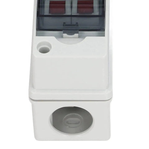 Front view of 16A DC Miniature Circuit Breaker for DIN Rail Mount 2 Pole Leakage Protector in Outdoor Waterproof Distribution Box with Transparent Cover