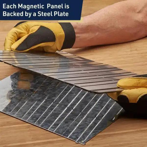 Magnetic Tool Holder 12x12 Inch panel with steel backing being held, showing durable construction for wall mount storage.