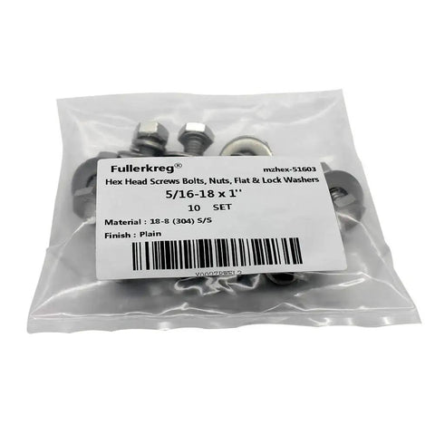 Heavy Duty Stainless Steel Hex Head Bolts Kit With Nuts And Flat And Lock Washers Ten Sets One Inch Long Five Sixteenths By Eighteen Threads Per Inch 304 Stainless Fully Threaded Screws All Purpose Hardware Pack By Fullerkreg in clear packaging