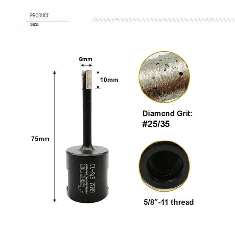 1/4 Inch Laser Welded Diamond Wet Core Bit for Granite Marble Concrete; 75mm Length, 6mm Diameter, 5/8-11 Thread