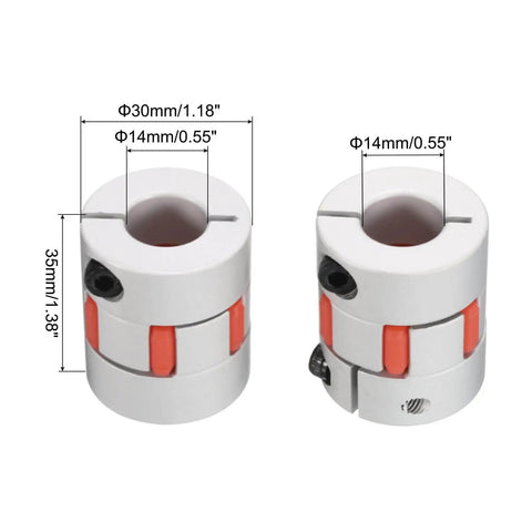 Aluminum Shaft Coupling 14mm To 14mm Bore L35 X D30 Flexible Coupler Joint for machine and servo stepped motors, pack of 2, with dimensions.