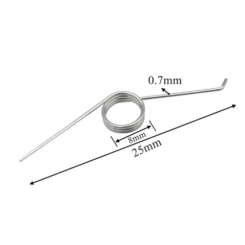 3-coil torsion spring, stainless steel 0.7mm wire, 8mm coil diameter, 25mm overall length, silver