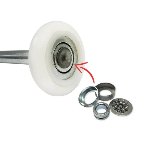 Whisper Quiet Nylon Garage Door Roller Kit With Precision 13 Ball Bearing On 4 Inch Stem And 2 Inch Wheel, close-up view