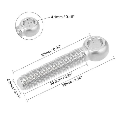 Detailed view of M5 x 25mm 304 Stainless Steel Eye Bolt for Rigging and Lifting, machine shoulder bolt, 8mm eye diameter.