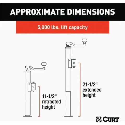 Diagram of Weld-On Pipe Mount Swivel Tongue Jack 5,000 Lbs Capacity 10.75 In Travel showing retracted and extended heights.