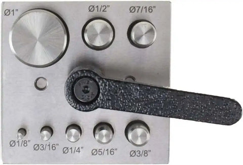 Eight Piece Disc Cutter Set For Quick Circle Cutting With Lever Clamp One Eighth Inch To One Inch Sizes on metal base