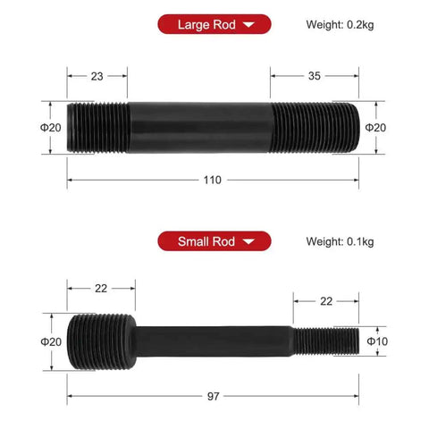 Diagram showing large and small rods for 10 Ton Hydraulic Knockout Punch Kit With 6 Dies Electrical Conduit Hole Cutter.