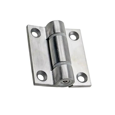 Front view of stainless steel door adjustable torque hinge with four-screw mounting plate