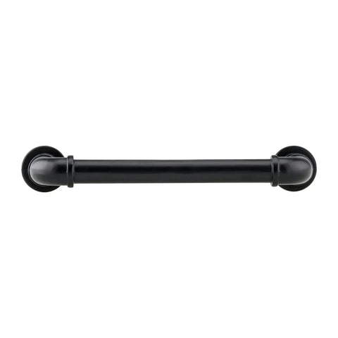 Front view of Ten Pack Matte Black Industrial Pipe Style Cabinet Pulls With Five And One Thirty Second Inch Center To Center And Six Inch Overall Length.